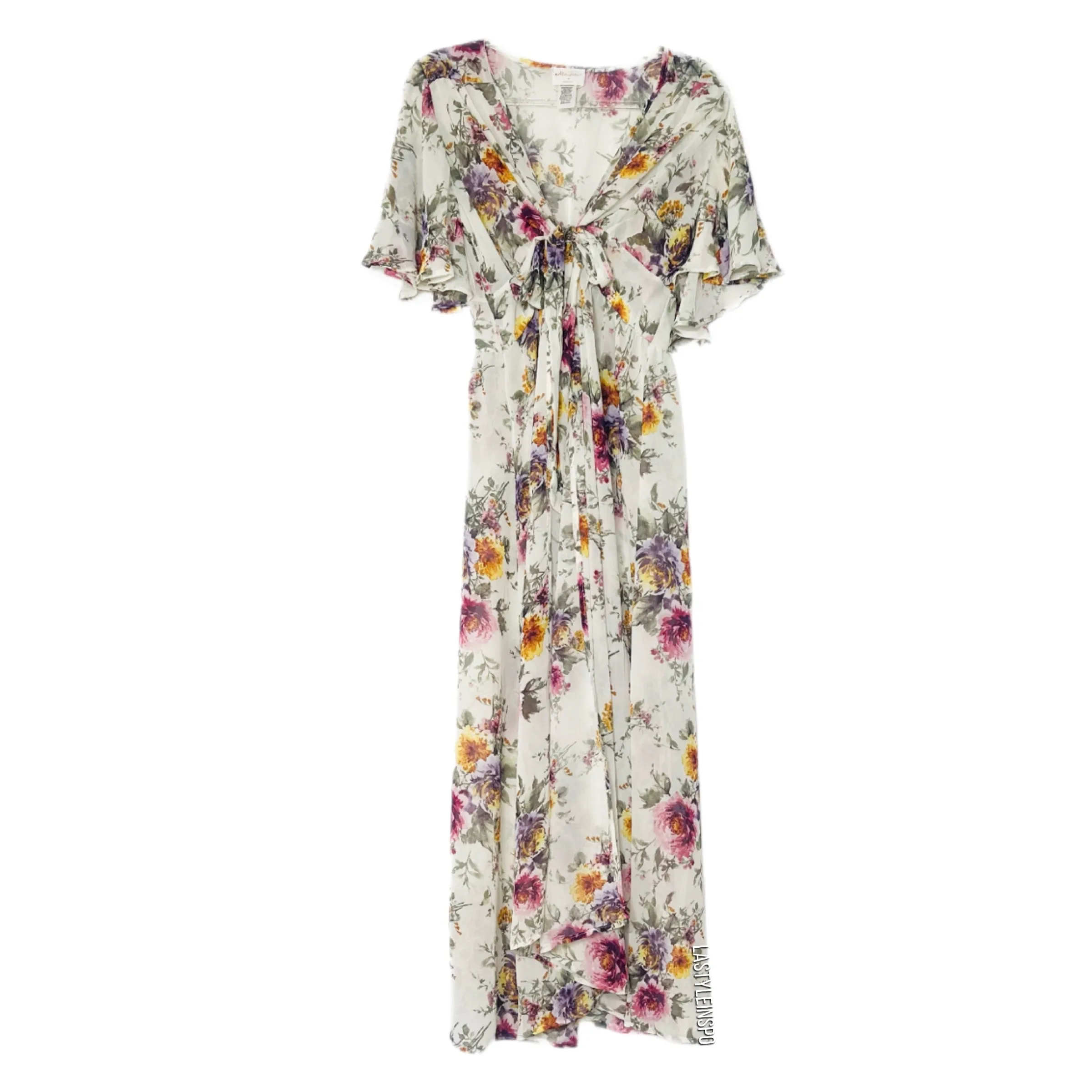 Allie Rose White Maxi Dress Floral Front Open Bow Size Medium