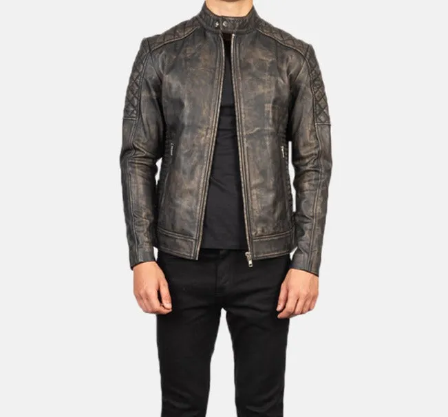 BIKER-1428 MUSH Quilted Distressed Brown Leather Biker Jacket