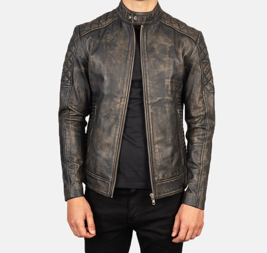 BIKER-1428 MUSH Quilted Distressed Brown Leather Biker Jacket