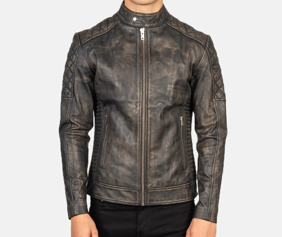 BIKER-1428 MUSH Quilted Distressed Brown Leather Biker Jacket