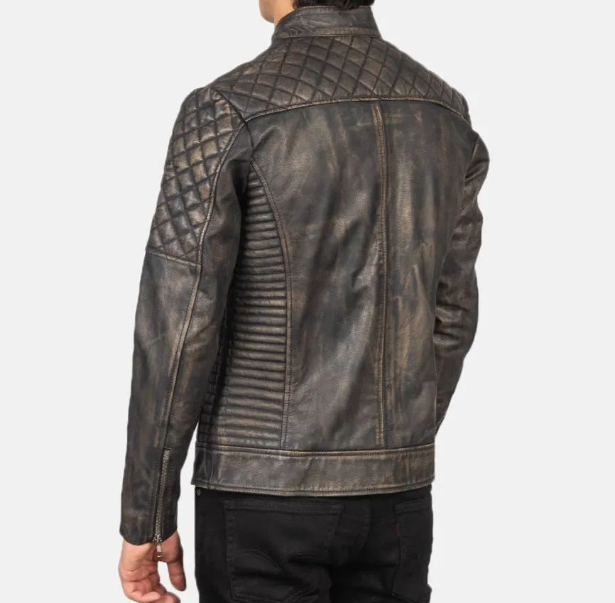 BIKER-1428 MUSH Quilted Distressed Brown Leather Biker Jacket