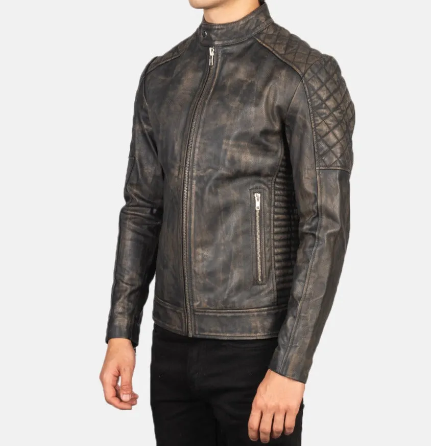 BIKER-1428 MUSH Quilted Distressed Brown Leather Biker Jacket