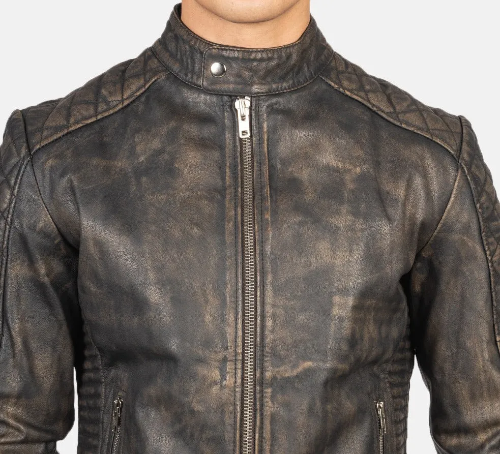 BIKER-1428 MUSH Quilted Distressed Brown Leather Biker Jacket