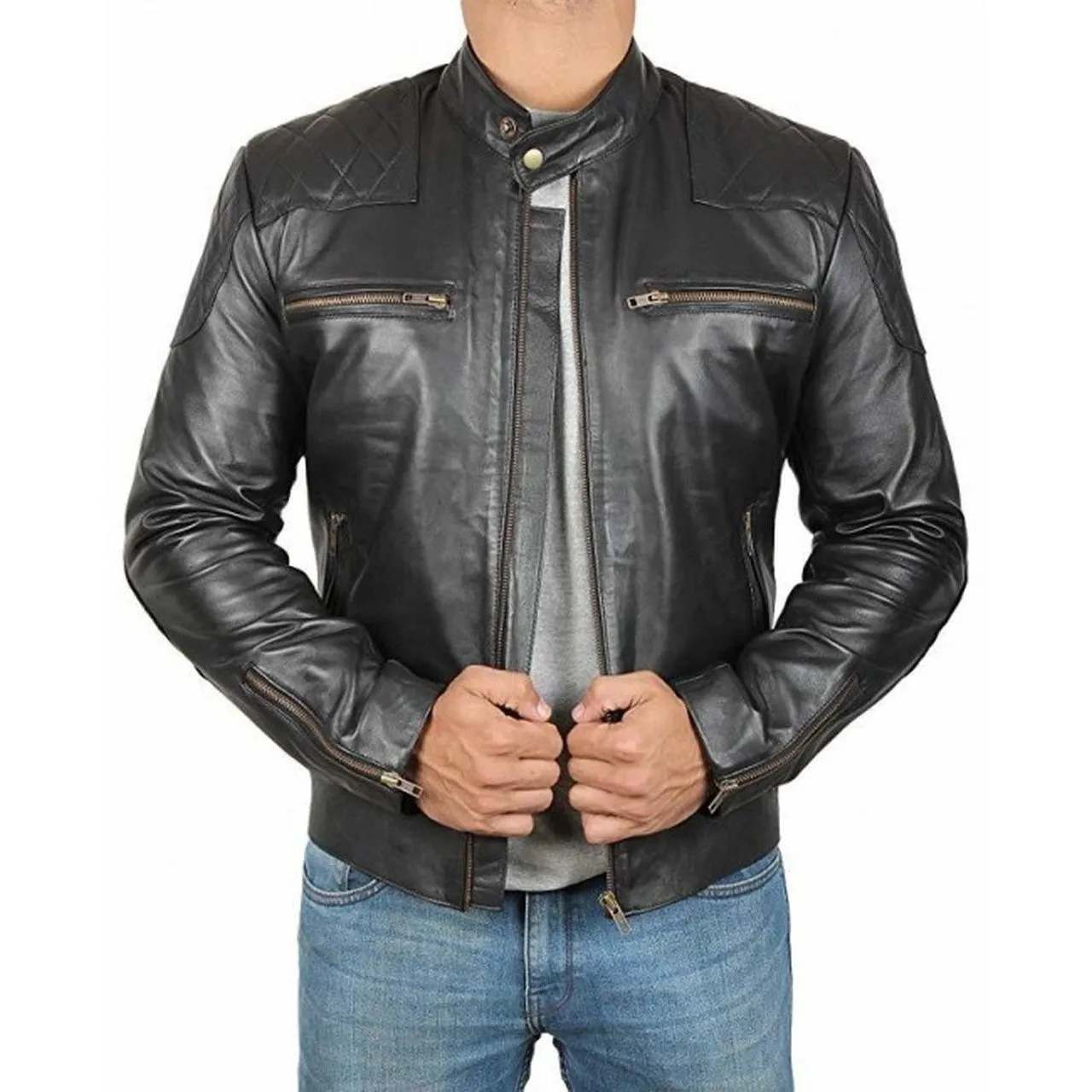 Black Quilted Retro Biker | Leather Jacket Mens