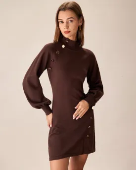 Brown Mock Neck Button Sweater Dress