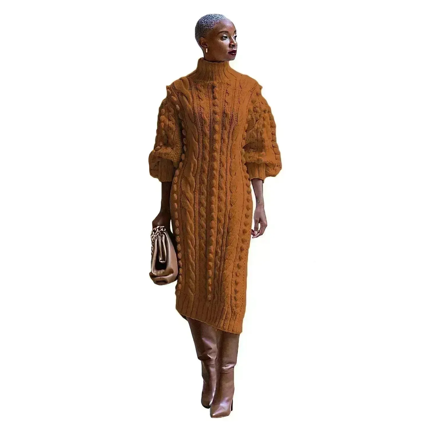 Buy Cashmere Winter Split Turtleneck knitted Midi Thick Sweater Dress