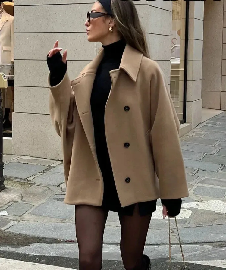 Chic loose fit oversized sleeves peacoat