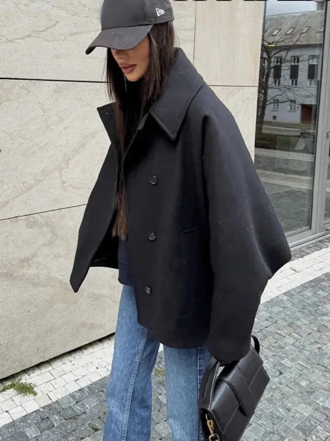 Chic loose fit oversized sleeves peacoat