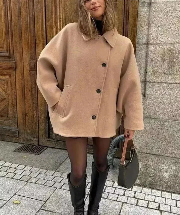 Chic loose fit oversized sleeves peacoat
