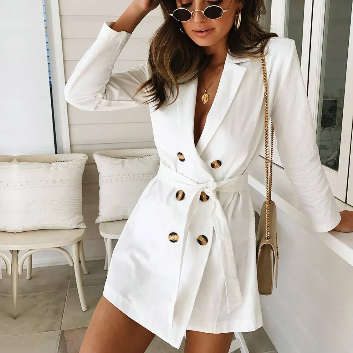 Clearance Deep C-neck Double Breast White Slim Women Peacoat