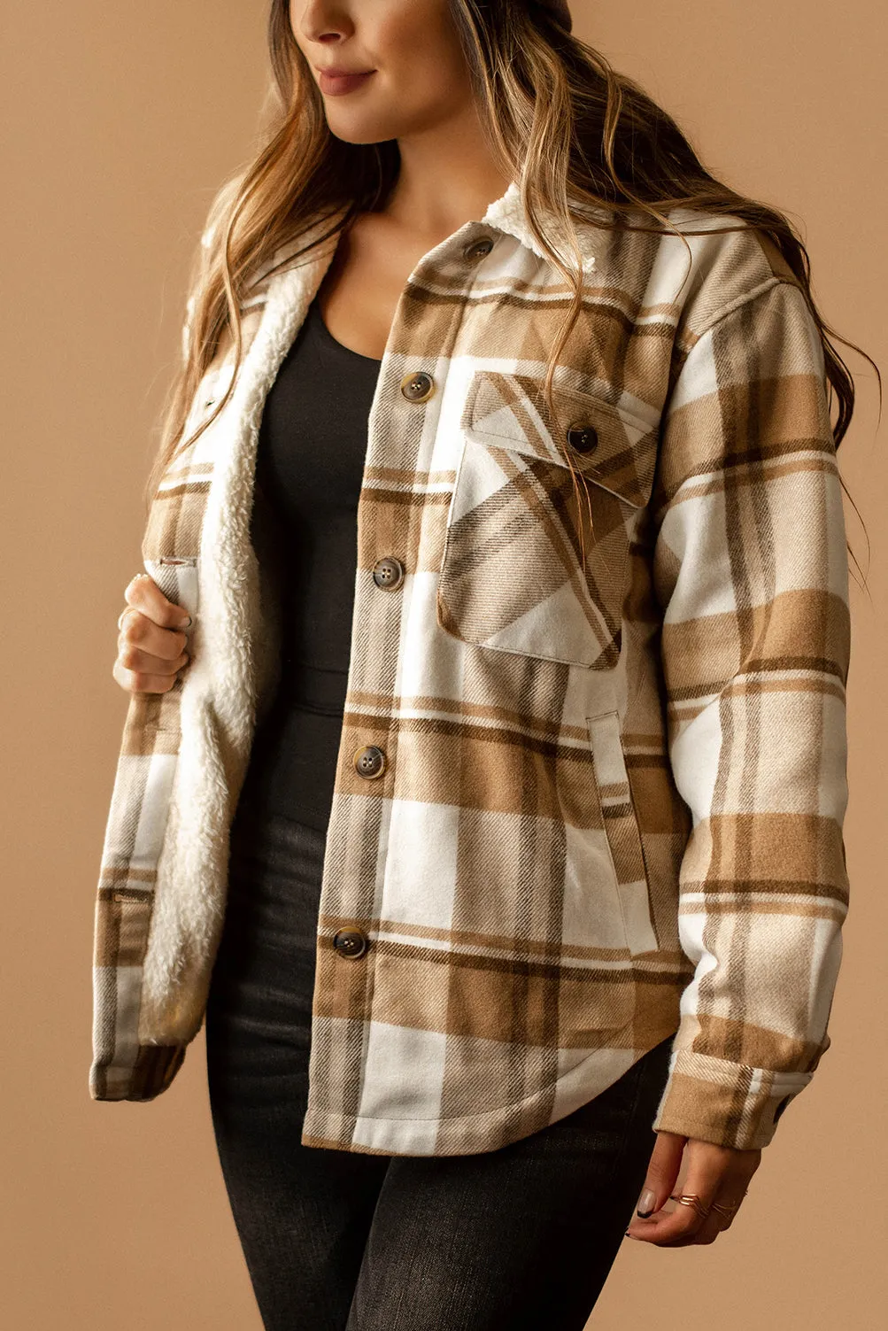 Conway Sherpa Lined Plaid Shacket (Camel   White)