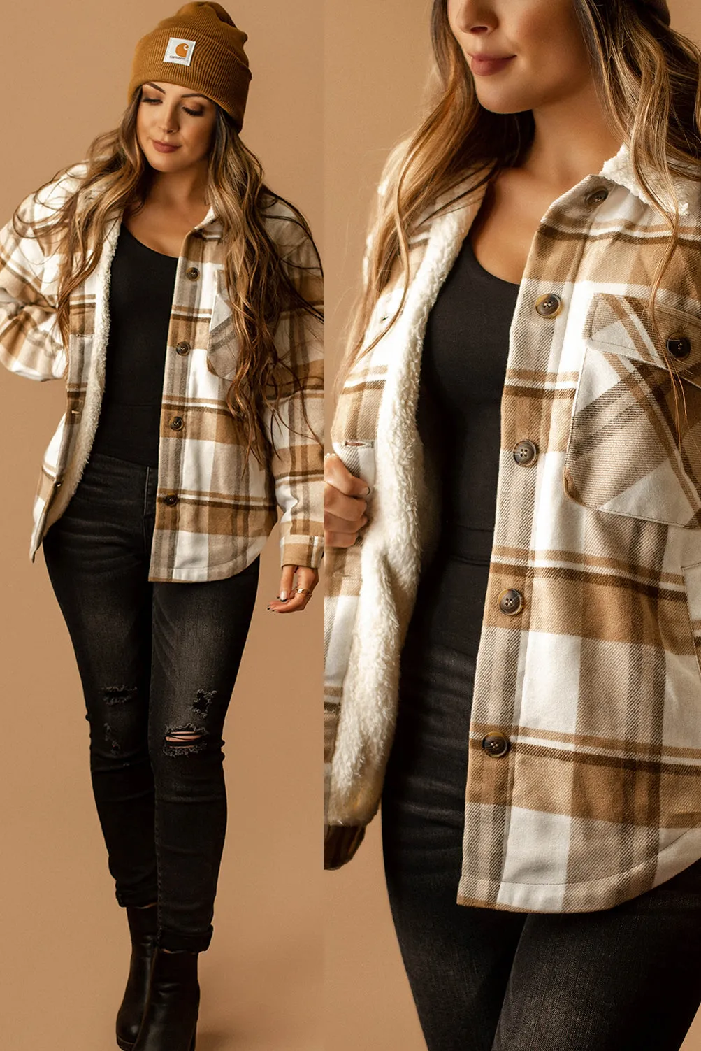 Conway Sherpa Lined Plaid Shacket (Camel   White)