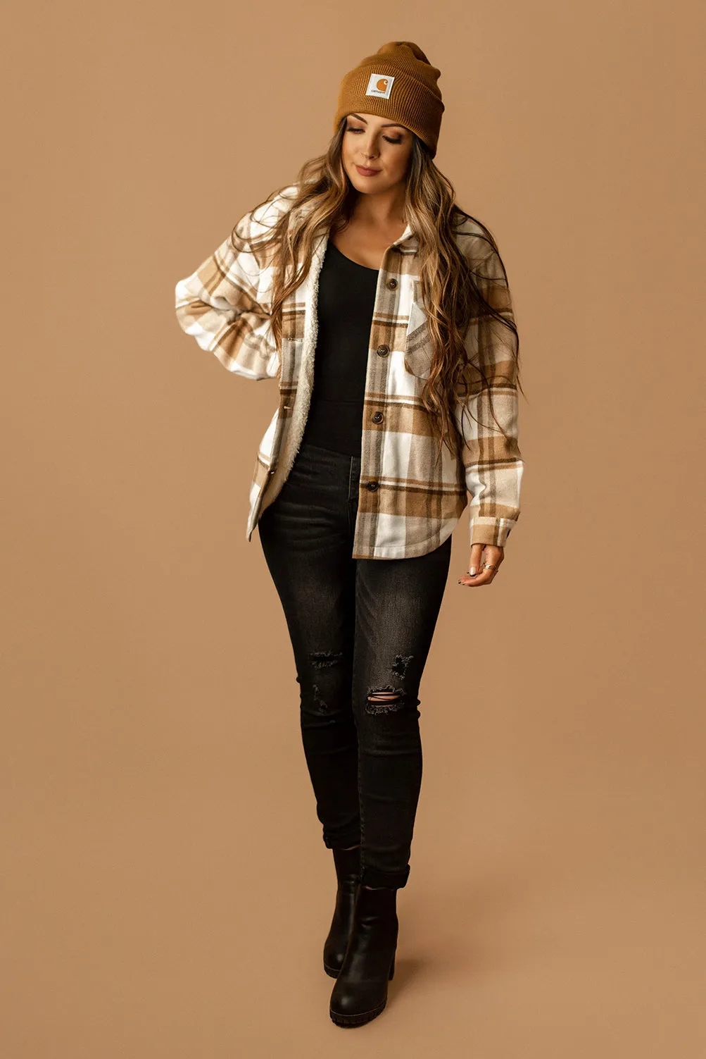 Conway Sherpa Lined Plaid Shacket (Camel   White)
