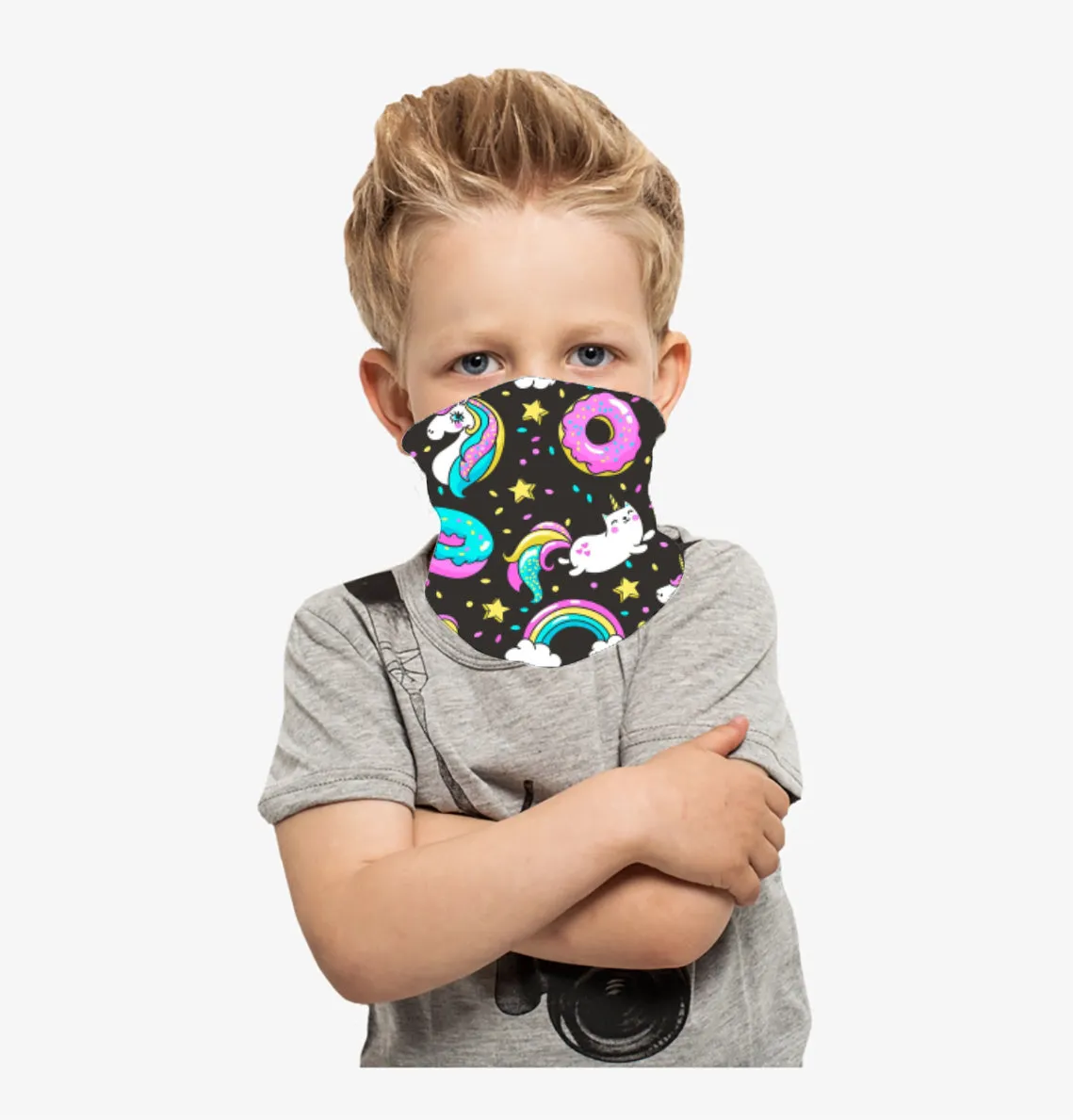 Cooling Neck Gaiter/Balaclava/Magic Scarf Headband & Face Mask For Kids (Unicorn & Donuts (Blue)
