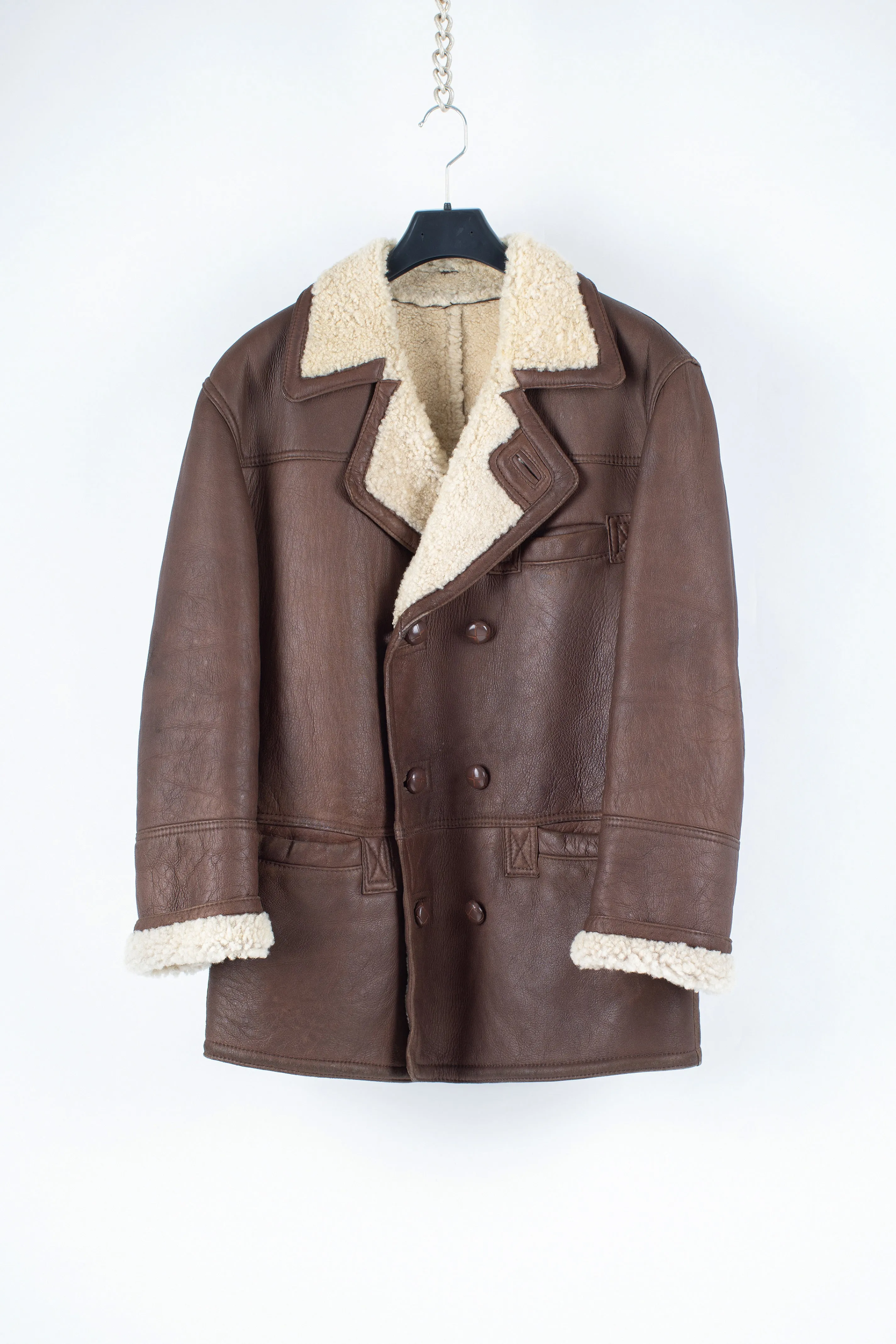 Dark Brown Double Breasted Sheepskin Shearling Jacket, S