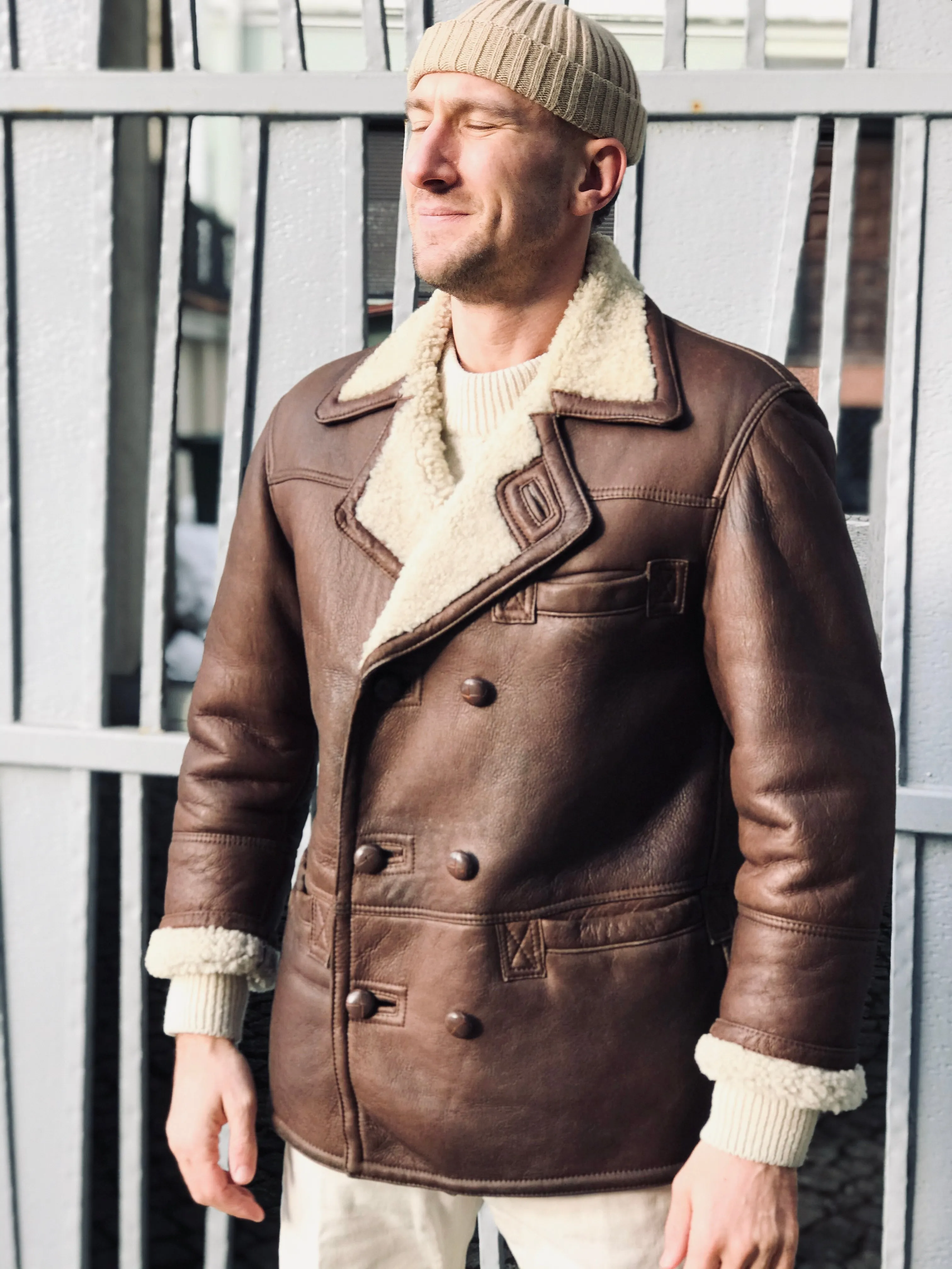 Dark Brown Double Breasted Sheepskin Shearling Jacket, S