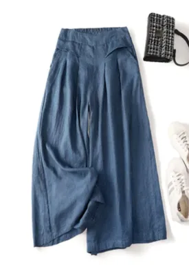 Denim Blue Linen Wide Leg Pants Pockets High Waist Summer