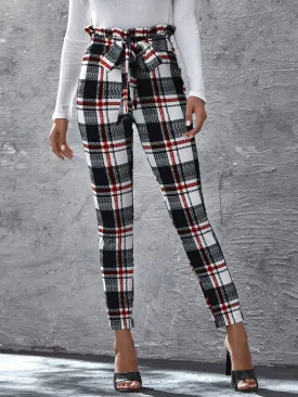 Elegant Plaid Paper Bag Waist High Waist Cropped Women Pants