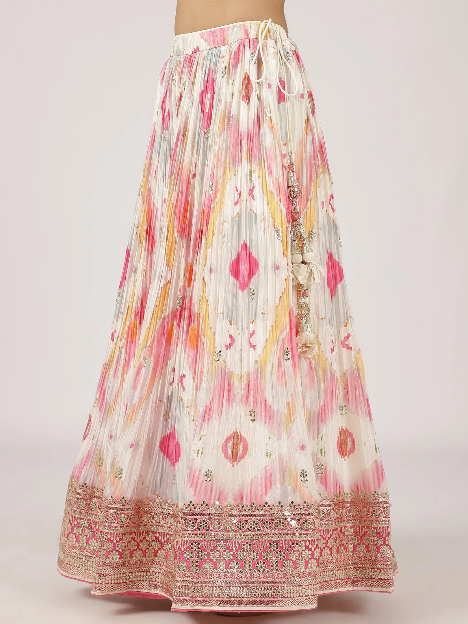 Elegant White & Pink Silk Lehenga with Embroidery & Sequins Work