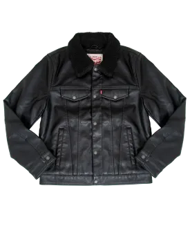 Faux Leather Sherpa Padded Jacket in Black
