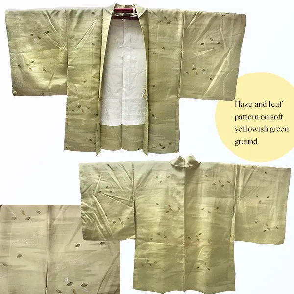 Gender-Neutral Vintage Haori Jacket ,Haze and leaf pattern on soft yellowish green ground.
