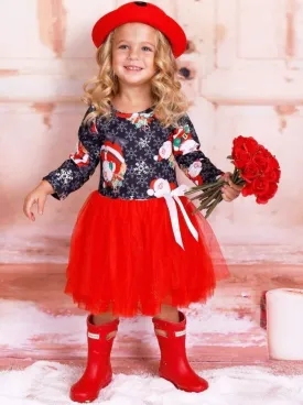 Girls Christmas Themed Santa Snowflake Print Long Sleeve Tutu Dress