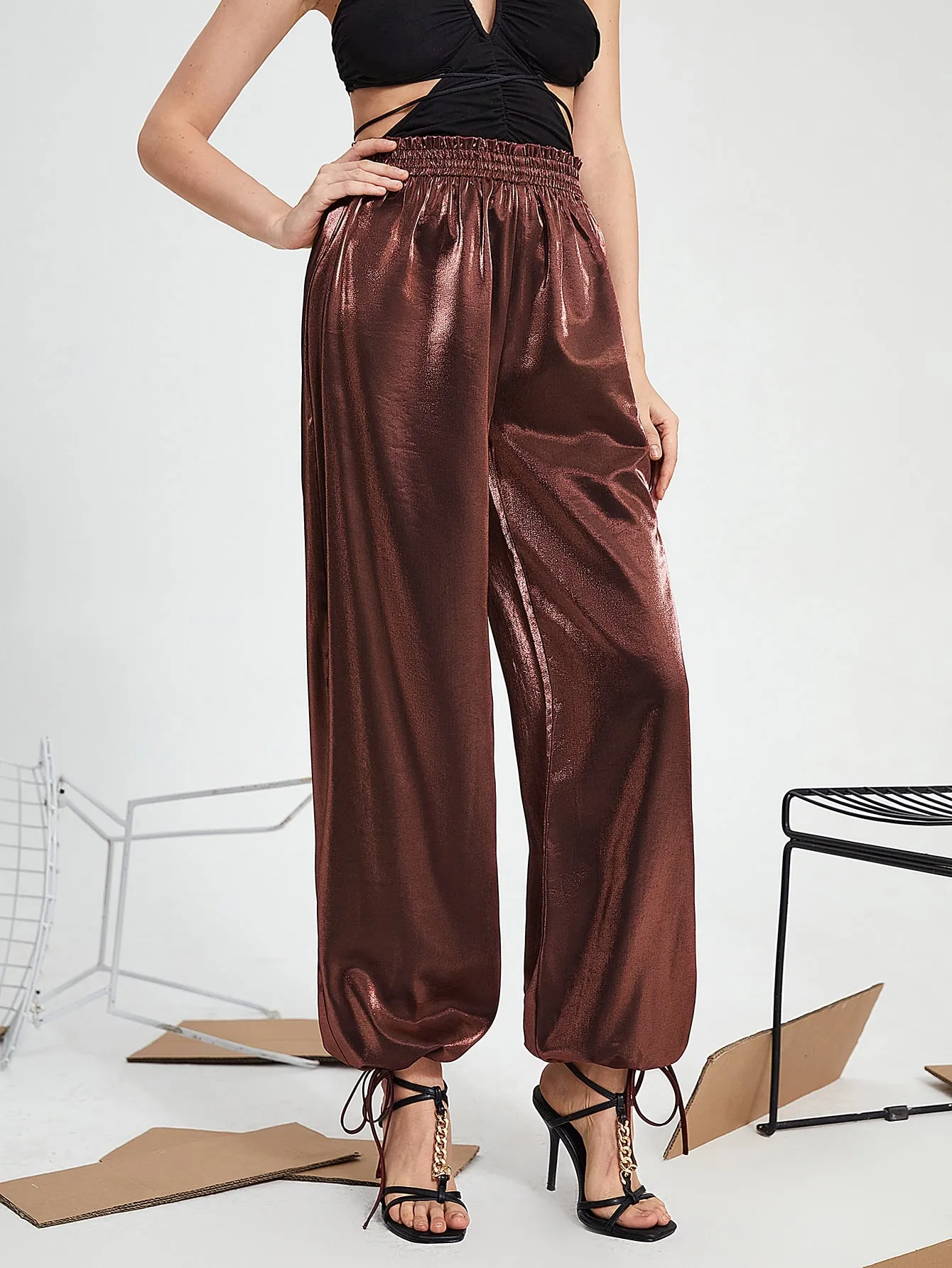 Glamorous Plain Paper Bag Waist High Waist Long Women Pants