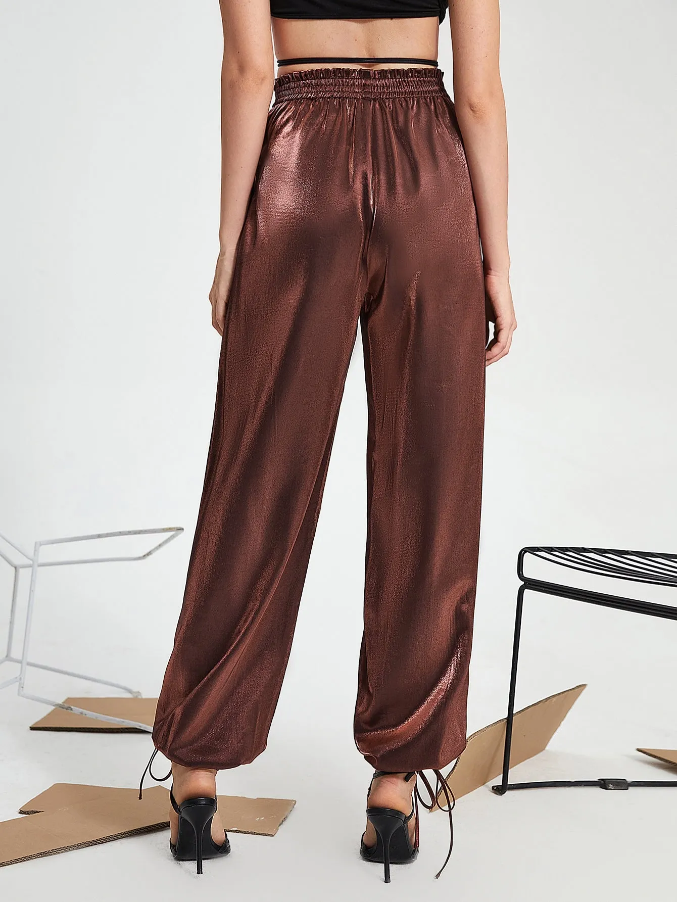 Glamorous Plain Paper Bag Waist High Waist Long Women Pants