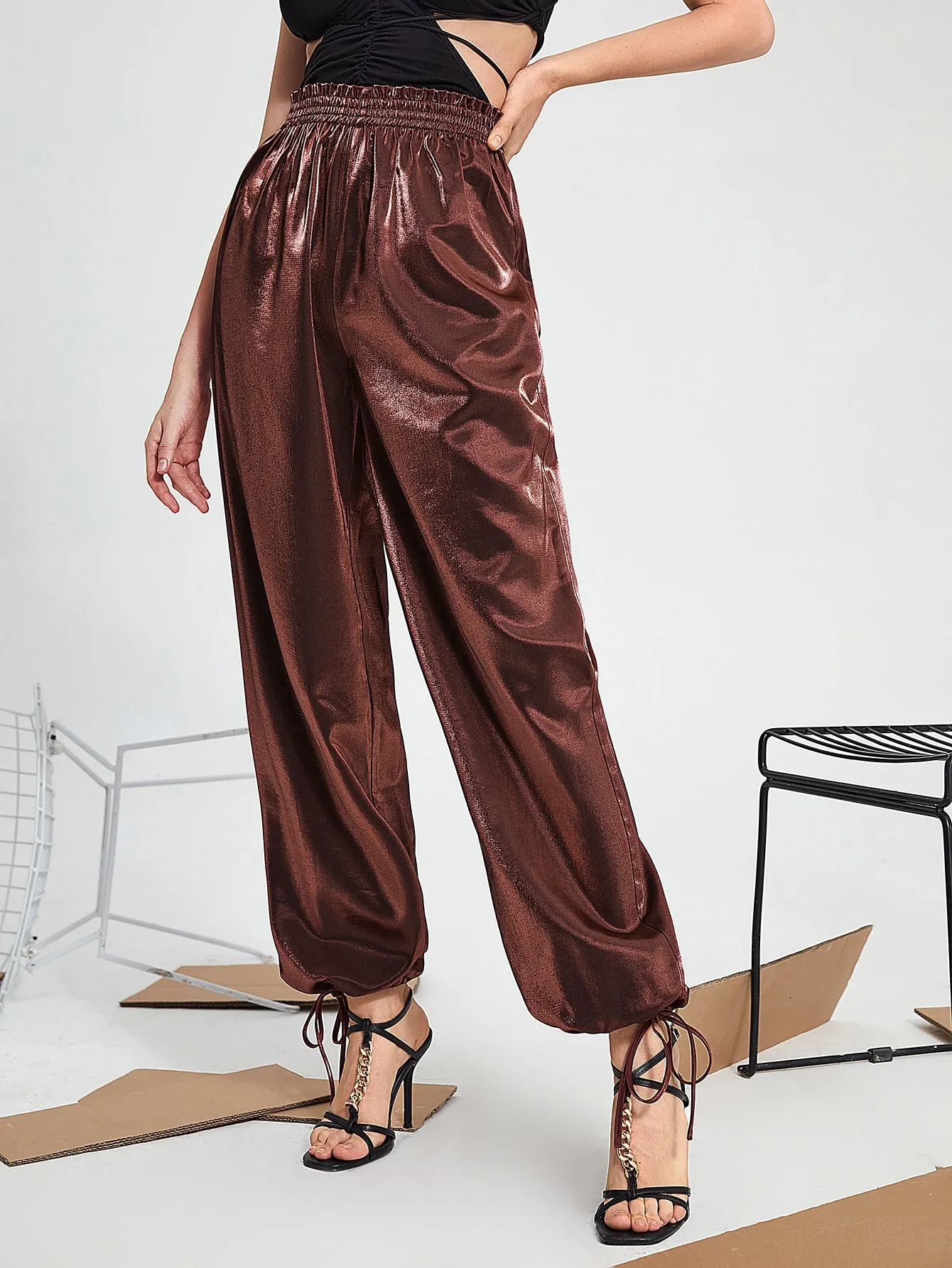 Glamorous Plain Paper Bag Waist High Waist Long Women Pants