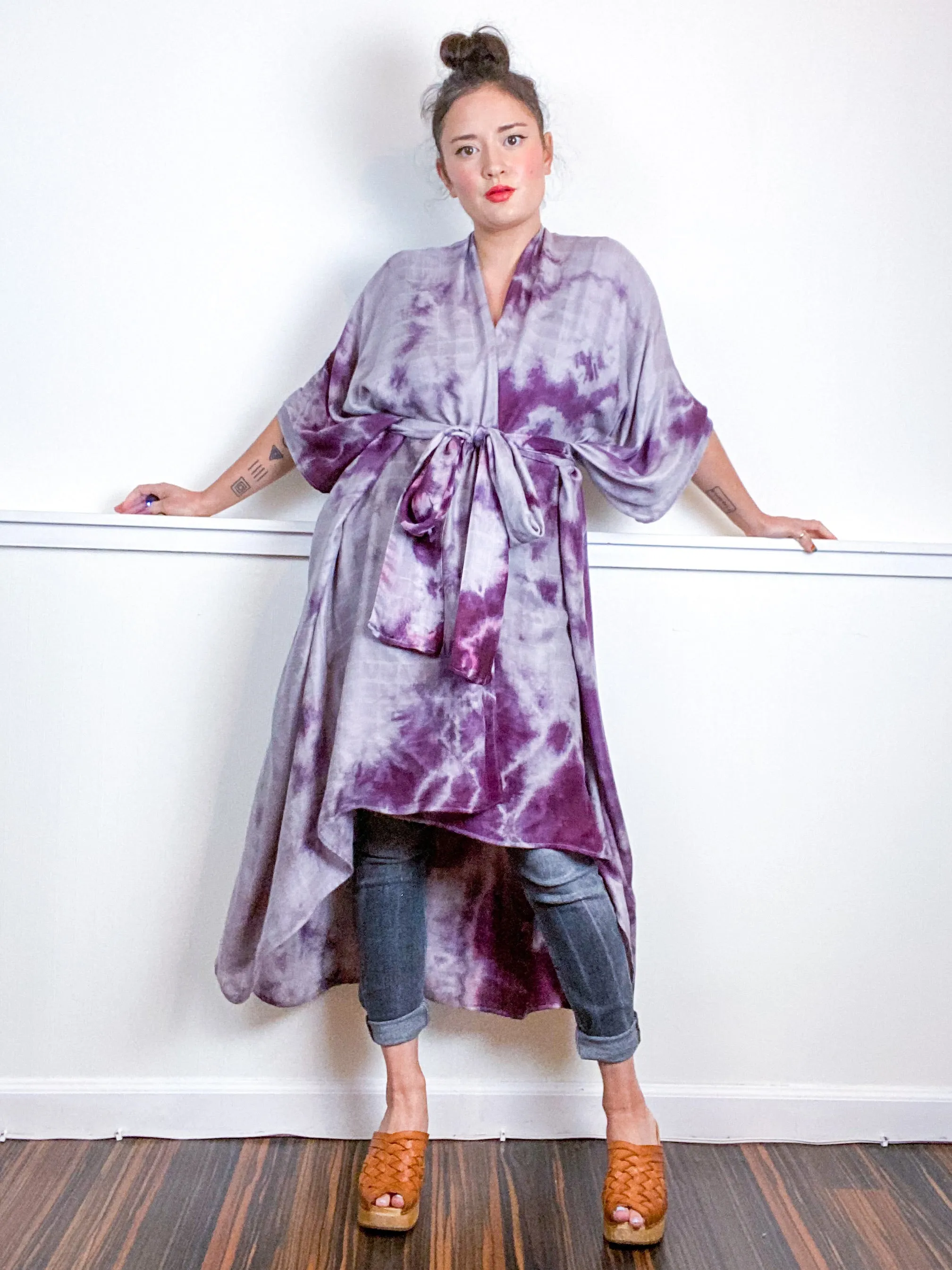 Hand-Dyed High Low Kimono Bamboo Black Cherry