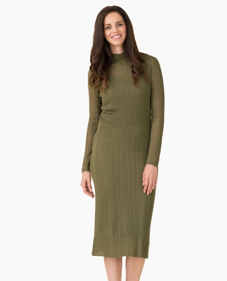 Olive Pointelle Sweater Knit Dress