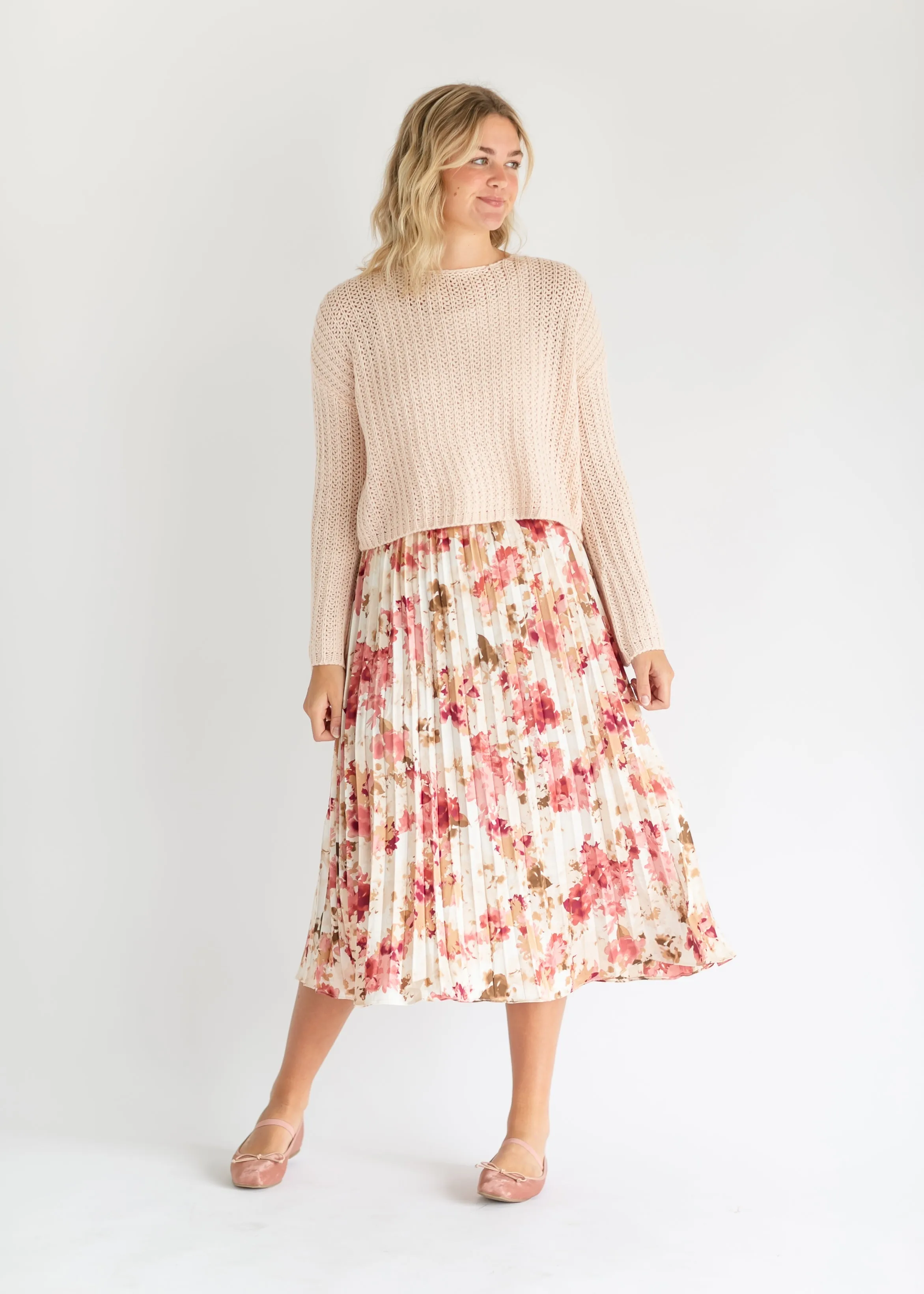 Pink Pleated Floral Satin Maxi Skirt - FINAL SALE