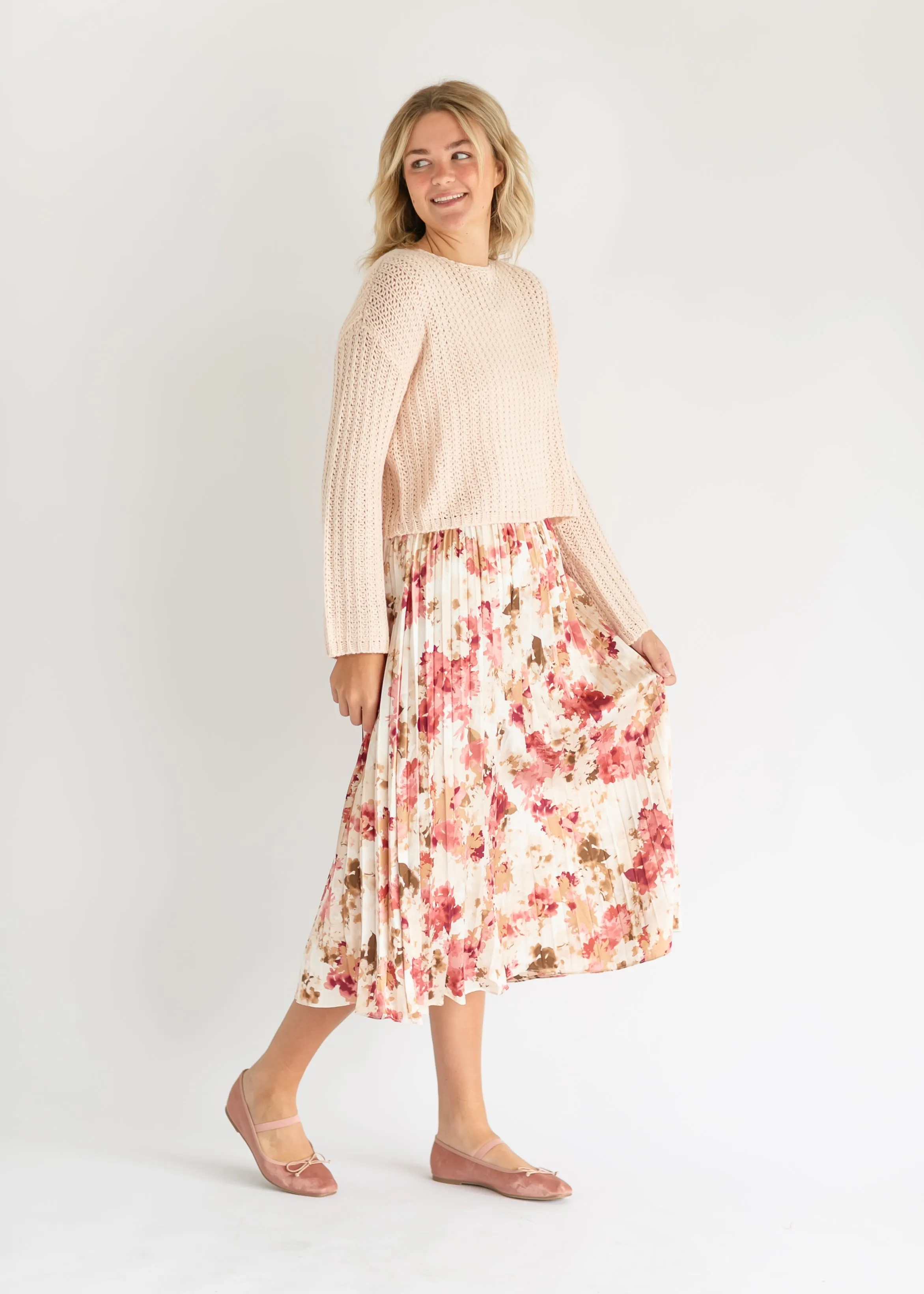 Pink Pleated Floral Satin Maxi Skirt - FINAL SALE
