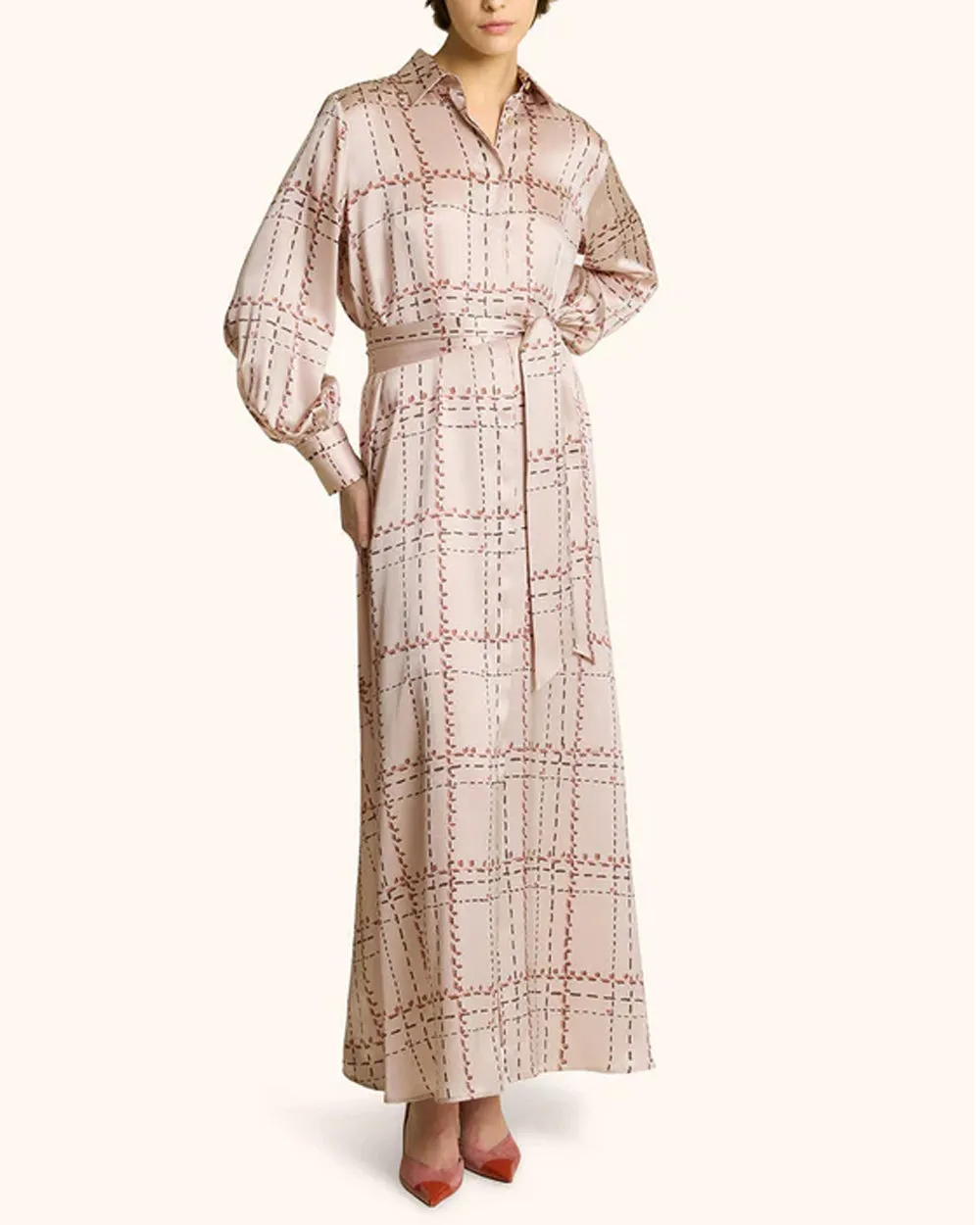 Powder Pink Windowpane Check Maxi Dress