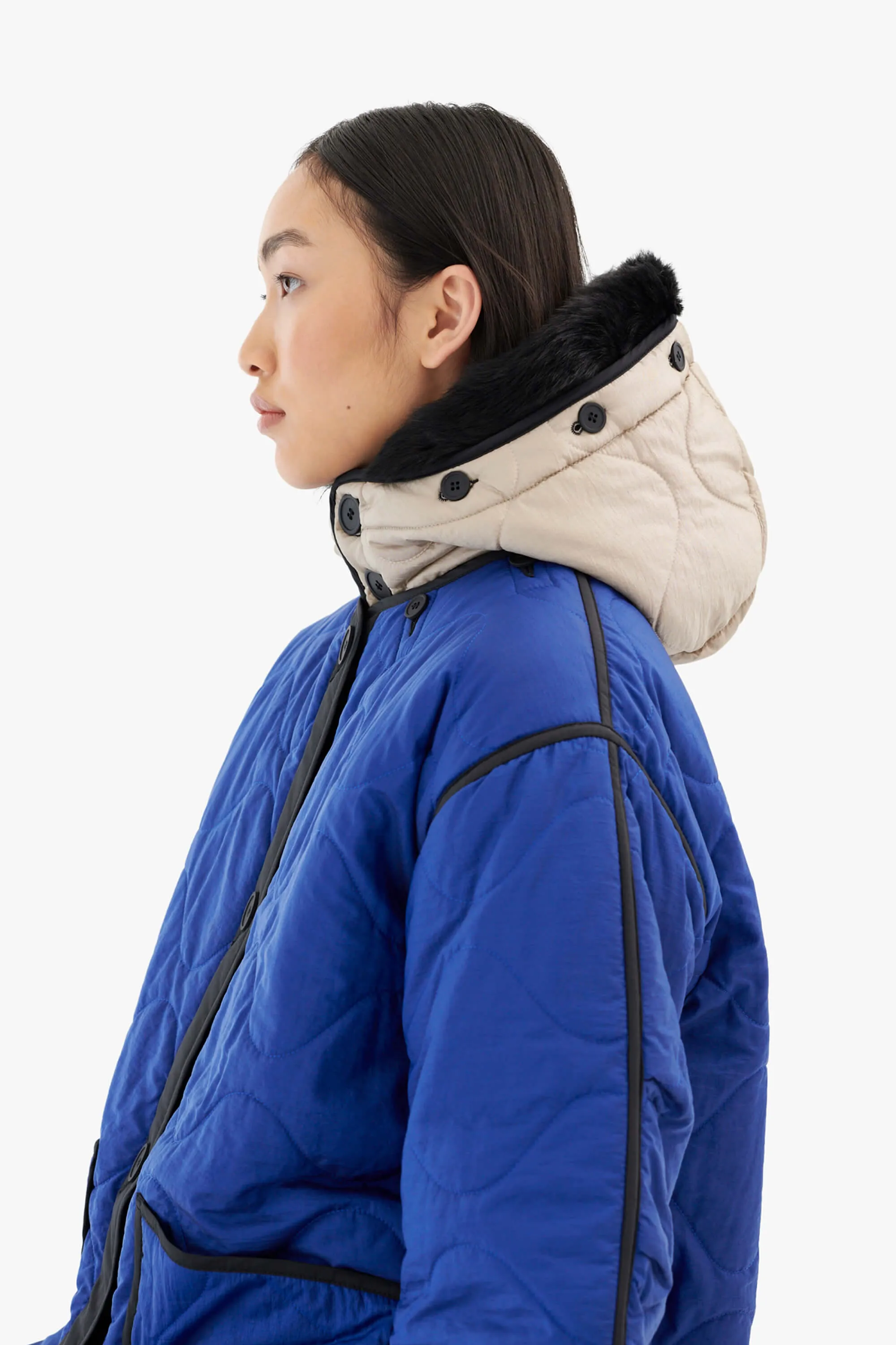 Quilt Hood Shearling Trim - Cobalt / Stone