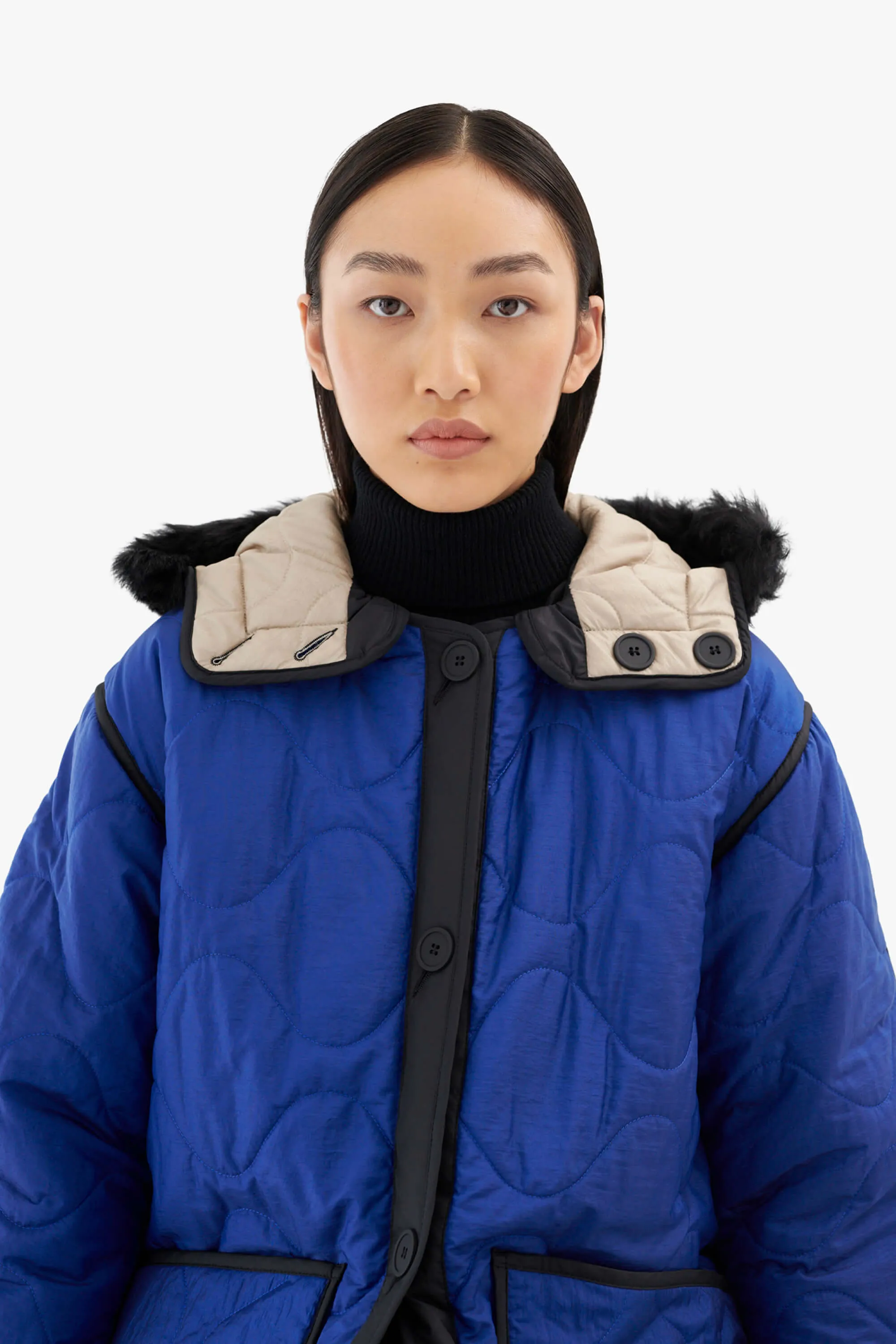 Quilt Hood Shearling Trim - Cobalt / Stone