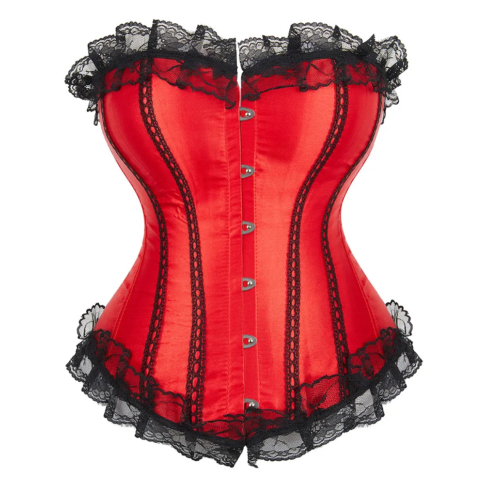 Red Corset Lace Up Overbust Corset with Pleated Skirt