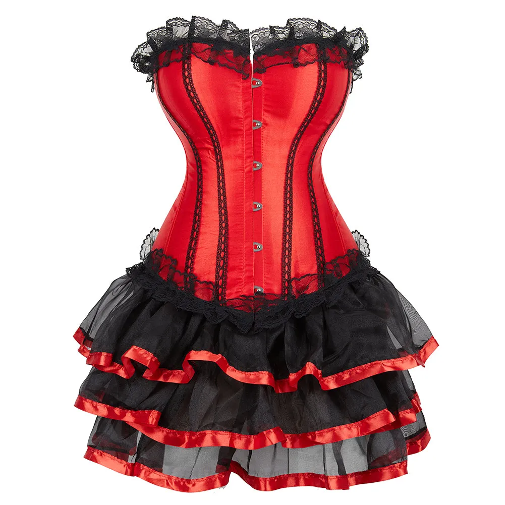 Red Corset Lace Up Overbust Corset with Pleated Skirt
