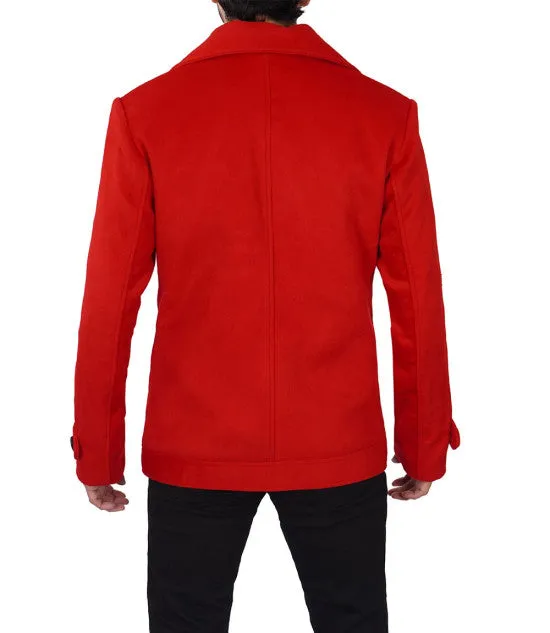 Red Double Breasted Wool Peacoat Mens - Vibrant Classic Outerwear by TJS