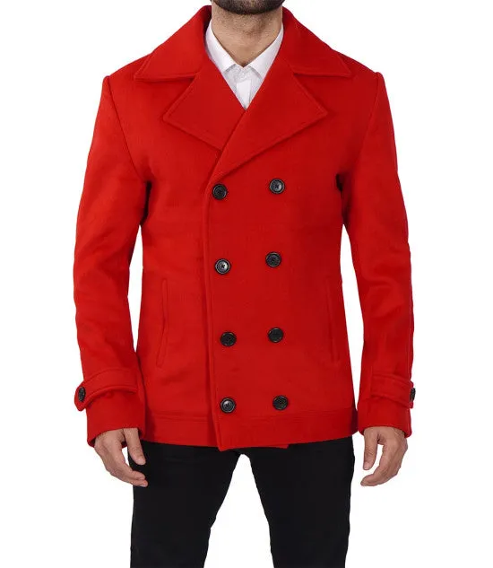 Red Double Breasted Wool Peacoat Mens - Vibrant Classic Outerwear by TJS