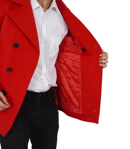 Red Double Breasted Wool Peacoat Mens - Vibrant Classic Outerwear by TJS