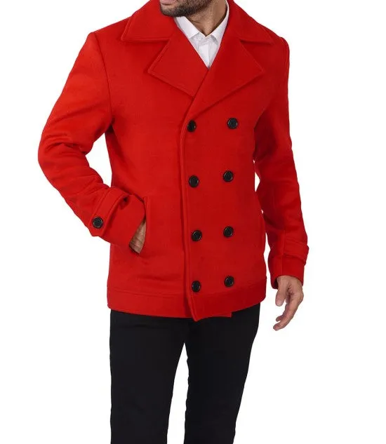 Red Double Breasted Wool Peacoat Mens - Vibrant Classic Outerwear by TJS