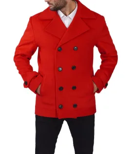 Red Double Breasted Wool Peacoat Mens - Vibrant Classic Outerwear by TJS