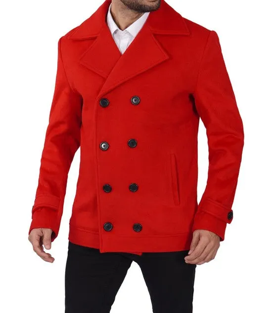 Red Double Breasted Wool Peacoat Mens - Vibrant Classic Outerwear by TJS