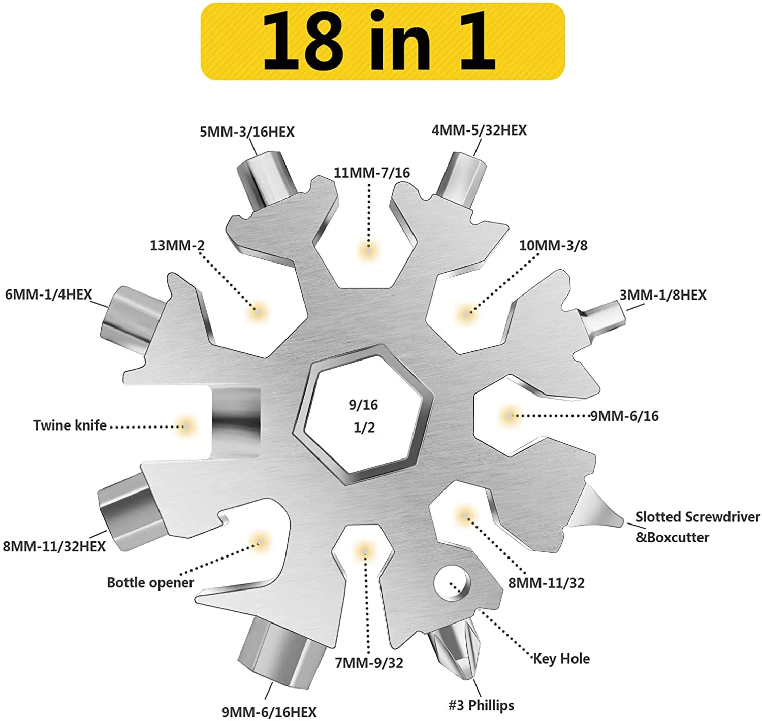 Snowflake Multi Tool, 1PCS Silver 18 in 1 Snowflake Tool Stainless Steel Snowflake Handy Tool with Keyring