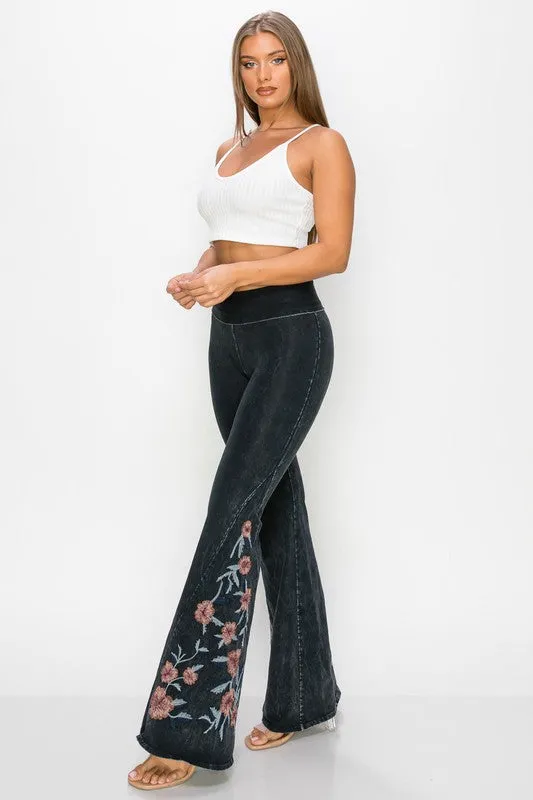 T-Party Flower Embroidery Flare Foldover Pants - Black