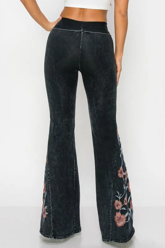 T-Party Flower Embroidery Flare Foldover Pants - Black