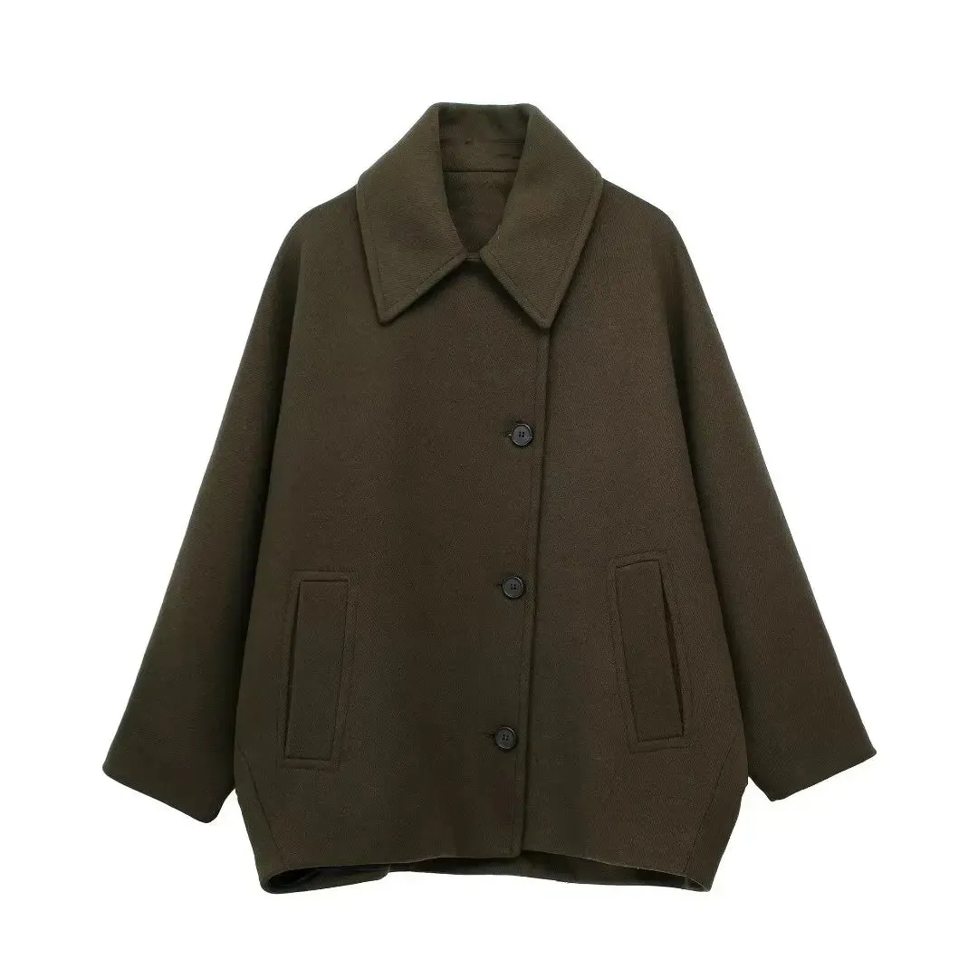 TRAFZA Winter Khaki Damen Lose Jacke Stehkragen Langarm Einreiher Freizeitjacke Damen Wollmischung Top 3 Farben