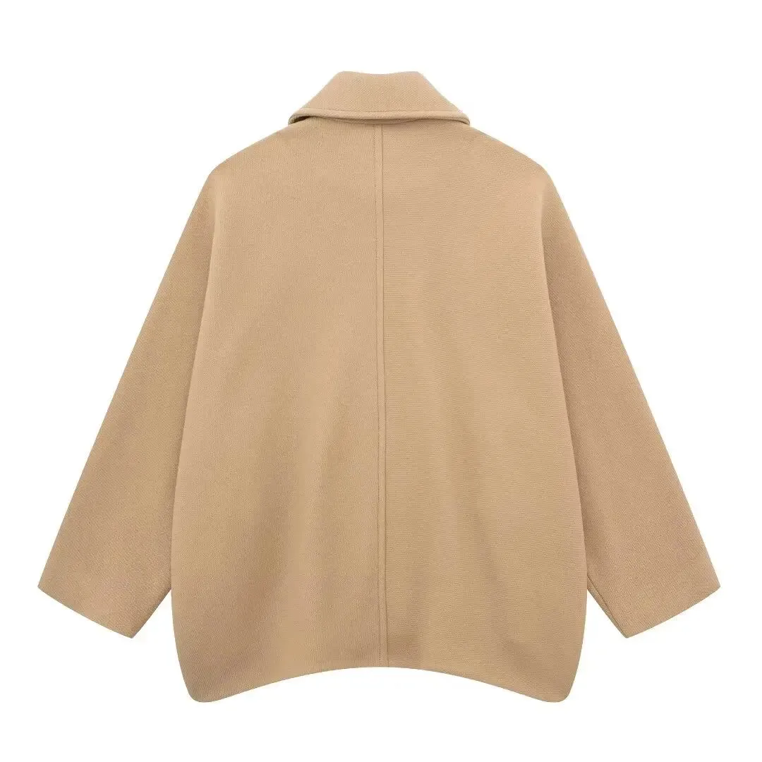 TRAFZA Winter Khaki Damen Lose Jacke Stehkragen Langarm Einreiher Freizeitjacke Damen Wollmischung Top 3 Farben