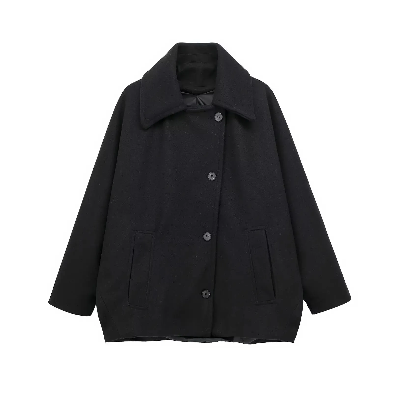 TRAFZA Winter Khaki Damen Lose Jacke Stehkragen Langarm Einreiher Freizeitjacke Damen Wollmischung Top 3 Farben